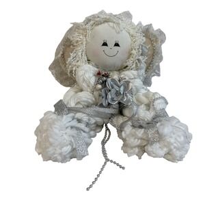 Vtg Angel Doll Plush Sitting‎ Christmas Ornament Silver Ribbon Flower Beaded